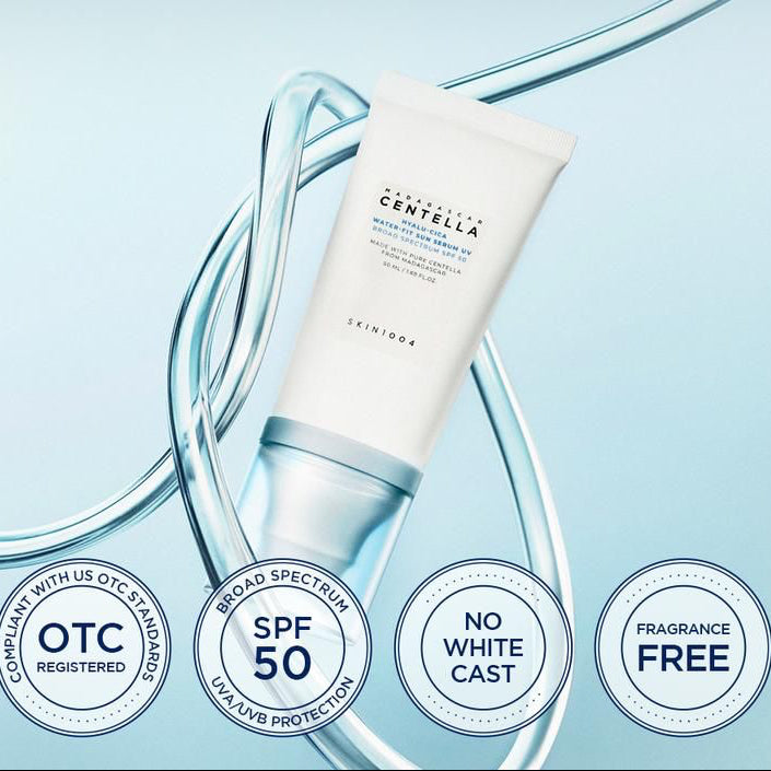 Cosmetic tube with Madagascar Centella branding on a light blue background